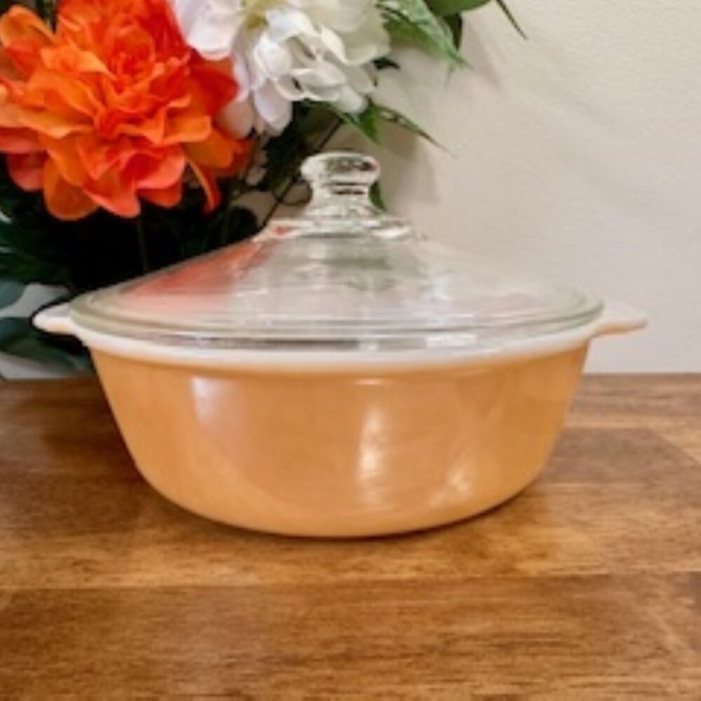 Fire King Peach Lustre Copper Tint Casserole Dish with Lid Vintage Anchor Hockin